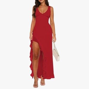 Women Sexy Sleeveless Mesh Ruffle Hem Bodycon Maxi High Slit Party Dress